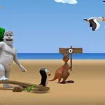 Postacie zwierząt na plaży z drzewami i ptakami w tle, kangur trzymający znak