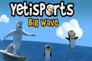 Yeti surfujący na fali obok dwóch skaczących pingwinów na tle nieba z białymi chmurami