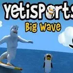 Yeti surfujący na fali obok dwóch skaczących pingwinów na tle nieba z białymi chmurami