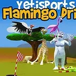 Yeti stojący z uniesionymi rękami w otoczeniu zwierząt, w tym flaminga na żyrafie, słonia, pingwina i sępa na drzewie, na tle nieba z chmurami