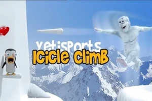 Yeti skacze w powietrzu nad ośnieżonymi górami, a obok stoi zaskoczony pingwin z czerwonym sercem po lewej stronie