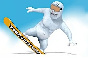 Biały yeti na niebieskim tle jeżdżący na pomarańczowej desce snowboardowej