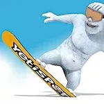 Biały yeti na niebieskim tle jeżdżący na pomarańczowej desce snowboardowej