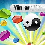 Symbol yin-yang otoczony kolorowymi, geometrycznymi kształtami na tle promieni światła