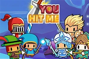 Grupa kolorowych postaci w kostiumach fantasy z napisami You Hit Me, otoczonych fantastycznym krajobrazem