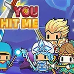 Grupa kolorowych postaci w kostiumach fantasy z napisami You Hit Me, otoczonych fantastycznym krajobrazem