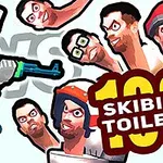 Postać robota z bronią oraz wiele unoszących się, dynamicznie przedstawionych głów, z tekstem Skibidi Toilets 100