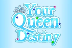 Napis „Your Queen Destiny” w błękitnym kolorze, ozdobiony koroną i kolorowymi klejnotami na jasnym tle