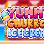 Kolorowy napis „Yummy Churros Ice Cream” z grafiką lodów na patyku i gwiazdkami w tle