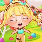 Dziewczynka z blond włosami, w stroju z motywem wafli, otoczona kolorowymi słodyczami i lizakami w bajkowym otoczeniu