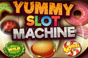 Kolorowy napis Yummy Slot Machine otoczony grafikami przedstawiającymi pączki, burgera, i inne słodycze