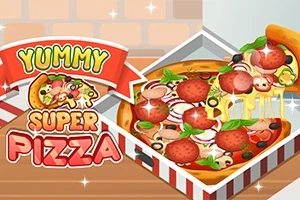 Kolorowa ilustracja przedstawiająca pizzę z salami, papryką, pomidorami, cebulą, oliwkami i liśćmi bazylii w pudełku, obok napisu „Yummy Super Pizza”