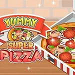 Kolorowa ilustracja przedstawiająca pizzę z salami, papryką, pomidorami, cebulą, oliwkami i liśćmi bazylii w pudełku, obok napisu „Yummy Super Pizza”