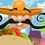 Mężczyzna z dużym wąsem i sombrero oraz taco na pierwszym planie