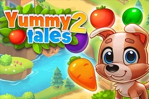 Kolorowa ilustracja z uśmiechniętym szczeniakiem, latającymi warzywami i rzeką na tle