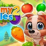 Kolorowa ilustracja z uśmiechniętym szczeniakiem, latającymi warzywami i rzeką na tle