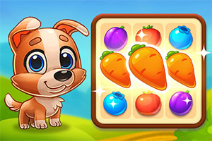 Uroczy piesek z dużymi oczami obok planszy z kolorowymi owocami i warzywami, takimi jak marchewki i jagody