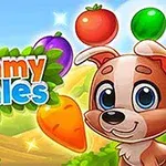 Uśmiechnięty piesek w otoczeniu owoców i warzyw na tle zielonego krajobrazu z kolorowym napisem