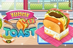 Kolorowa grafika przedstawiająca tosta z serem, sałatą i sosem, obok napisu Yummy Toast