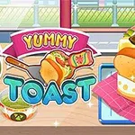 Kolorowa grafika przedstawiająca tosta z serem, sałatą i sosem, obok napisu Yummy Toast