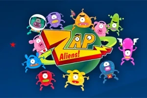 Kolorowe, kreskówkowe stworki o różnych kształtach i wyrazach twarzy, otaczające logo z napisem „Zap Aliens!