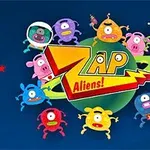 Kolorowe, kreskówkowe stworki o różnych kształtach i wyrazach twarzy, otaczające logo z napisem „Zap Aliens!