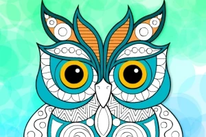 Kolorowa, stylizowana sowa z dużymi żółtymi oczami na zielono-niebieskim tle