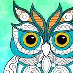 Kolorowa, stylizowana sowa z dużymi żółtymi oczami na zielono-niebieskim tle