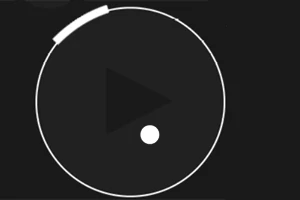 Czarny ekran z białym okręgiem zawierającym czarny trójkąt skierowany w prawo i białą kropką na dole