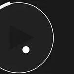 Czarny ekran z białym okręgiem zawierającym czarny trójkąt skierowany w prawo i białą kropką na dole