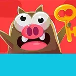 Postać kreskówkowego stworzenia z dużymi oczami i różowym ryjkiem trzymającego żółty klucz na czerwonym tle