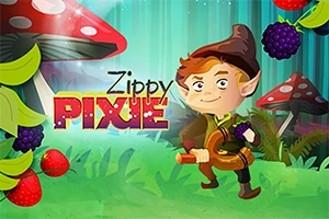W lesie z dużymi grzybami i owocami, postać w brązowym kapeluszu trzyma instrument, a obok widoczny jest napis Zippy Pixie