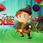 W lesie z dużymi grzybami i owocami, postać w brązowym kapeluszu trzyma instrument, a obok widoczny jest napis Zippy Pixie