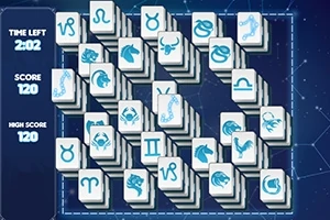 Układ płytek z symbolami znaków zodiaku na ciemnoniebieskim tle z czasomierzem i wynikami po lewej stronie