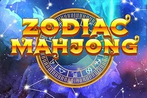 Napis Zodiac Mahjong na tle kosmicznym z elementami astrologicznymi