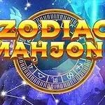 Napis Zodiac Mahjong na tle kosmicznym z elementami astrologicznymi