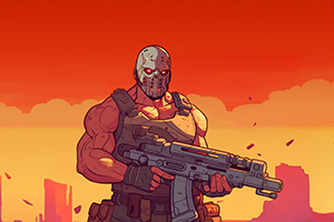 Mężczyzna w masce i zbroi trzymający duży karabin na tle czerwonego nieba i sylwetek budynków