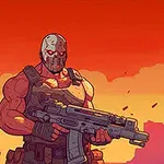 Mężczyzna w masce i zbroi trzymający duży karabin na tle czerwonego nieba i sylwetek budynków