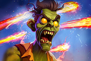 Zielonoskóry potwór z żółtymi oczami i rozwartymi ustami, otoczony przez lecące ogniste kulki na niebieskim tle