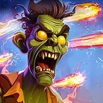 Zielonoskóry potwór z żółtymi oczami i rozwartymi ustami, otoczony przez lecące ogniste kulki na niebieskim tle