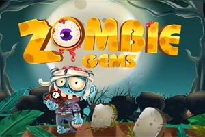 Napis Zombie Gems na tle księżyca z postacią stylizowanego zombie trzymającego klejnot, wokół drzewa i nagrobki