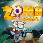 Napis Zombie Gems na tle księżyca z postacią stylizowanego zombie trzymającego klejnot, wokół drzewa i nagrobki