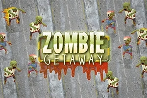 Zielone zombie na szarej nawierzchni z centralnym napisem Zombie Getaway otoczonym czerwoną grafiką przypominającą krew