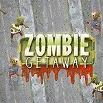 Zielone zombie na szarej nawierzchni z centralnym napisem Zombie Getaway otoczonym czerwoną grafiką przypominającą krew