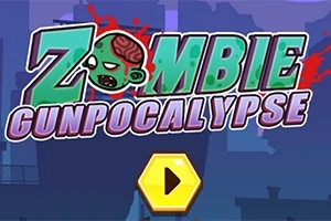 Kolorowy napis z głową zombie na niebieskim tle z żółtym przyciskiem play
