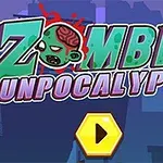 Kolorowy napis z głową zombie na niebieskim tle z żółtym przyciskiem play