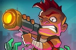 Mężczyzna z kolorowym irokezem celuje dużym pistoletem, otoczony rękami przypominającymi zombi