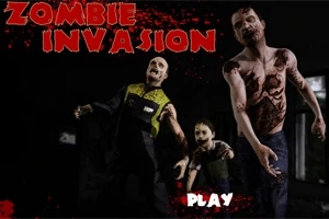 Trzy postacie zombie, w otoczeniu ciemności, z krwawymi ranami na ciałach, z napisem Zombie Invasion i przyciskiem Play