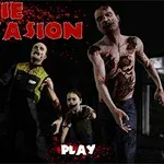 Trzy postacie zombie, w otoczeniu ciemności, z krwawymi ranami na ciałach, z napisem Zombie Invasion i przyciskiem Play