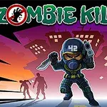 Postać w masce gazowej i z pistoletem biegnie, za nią sylwetki budynków i zombie na tle kolorowego nieba